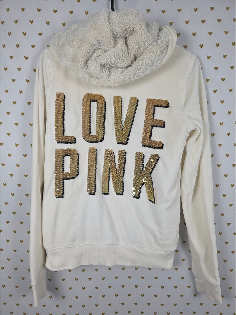 Victorias Secret Pink Vintage Y2k BLING gold Velour Hoodie Jacket FUR LINED SM